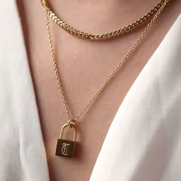 SALE 18k Stamped Gold Filled Padlock Engraved Letter “T” Initial Necklace - Picture 2 of 6